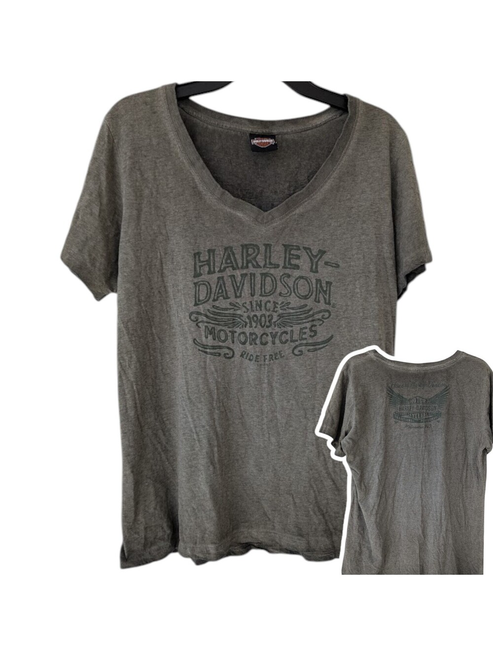 Harley Davidson Motorcycles Women L V-Neck T-Shirt Stonewash Biker Tee 21.5x26.5